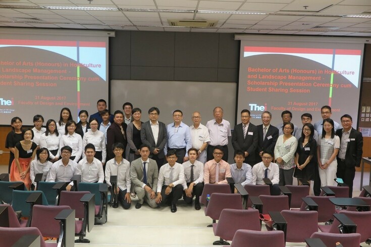 Group photo of the nineteen awarded students with Frank C.M. YIK, General Manager of Ryoden Development Charitable Trust, Prof. L.M. CHU, Chairman of Hong Kong Institute of Horticultural Science, Mr. Brian L.Y. CHENG, Vice-Chairman of Hong Kong Greening Contractors Association, Ms. Prisca TSUI, Landscape Manager of Hong Kong Golf Club, Ms. Ida LEUNG, Operation Director of Baguio Green Group, Prof. Leslie H.C. CHEN, THEi Dean of Faculty of Design and Environment, Dr. Allen ZHANG, Programme Leader of BA HLM, representatives from City Landscaping Company Limited, Dynamic Source Limited, Hong Kong Institute of Horticultural Science and Lumina College and all academic staff of BA HLM.