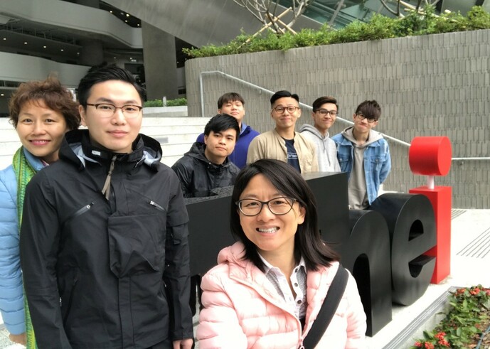 With PRM Year 4 students, learning lighting and scouting for good creative background for public relations event with guest speaker, Ms. Angela Cheung (front, center) and Teaching Fellow, PRM/FMH, Ms. Susan Chan (back, left)