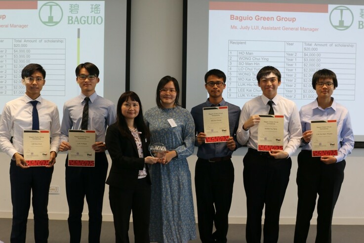 Group photo of Ms. Judy LUI, Assistant General Manager of Baguio Green Group, Ms. Gabriella LEUNG, teaching staff of BA HLM and scholarship recipients.